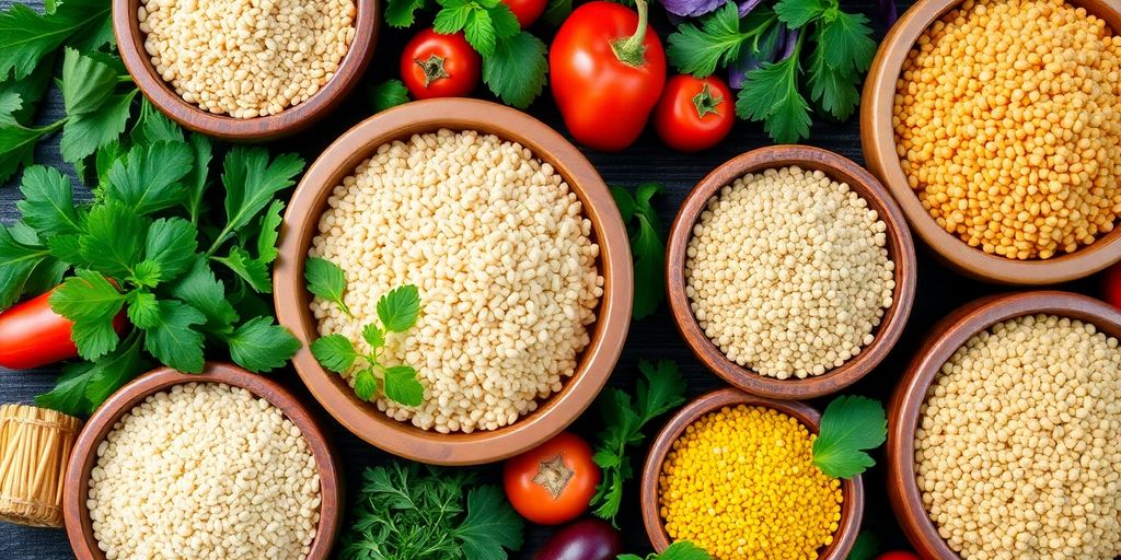 Colorful display of gluten-free whole grains in bowls.