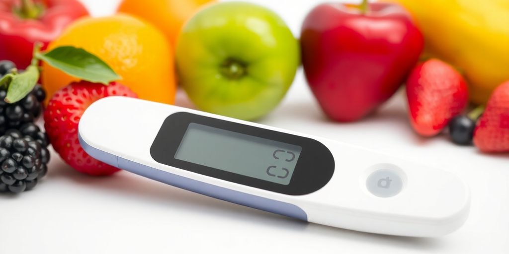 Contemporary glucose meter with fruits for diabetes management.