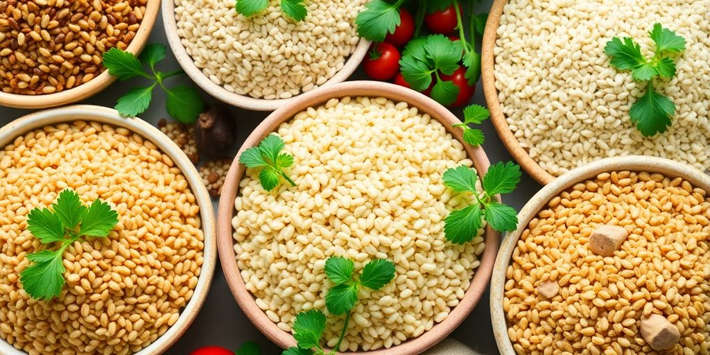 Assorted whole grains in bowls with vegetables and herbs.