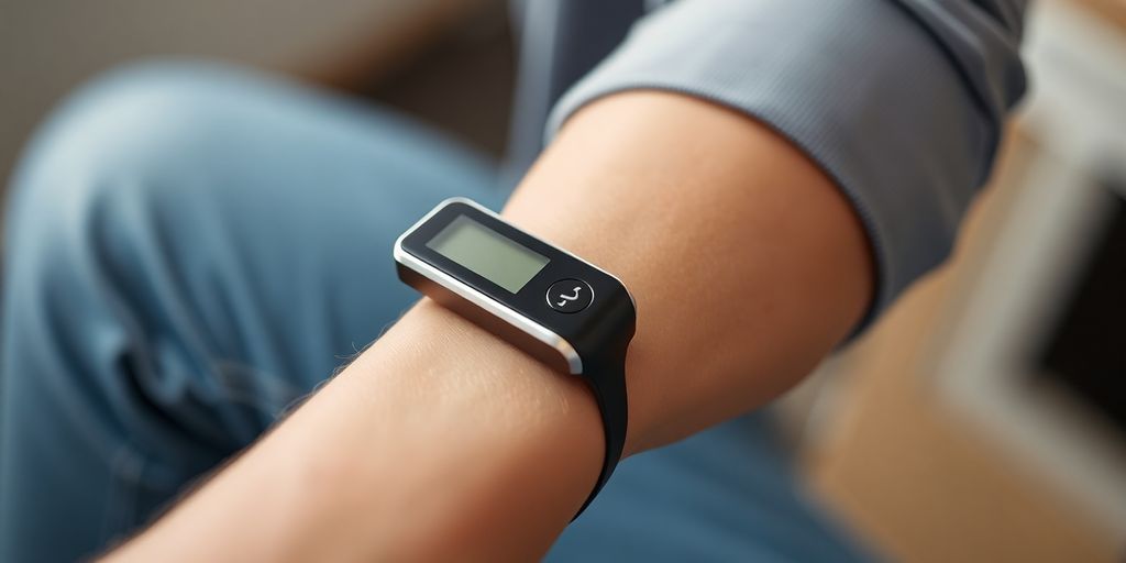 Blood sugar machine on an arm for diabetes management.
