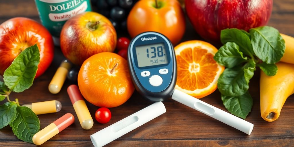 Glucose monitor with test strips and healthy items.