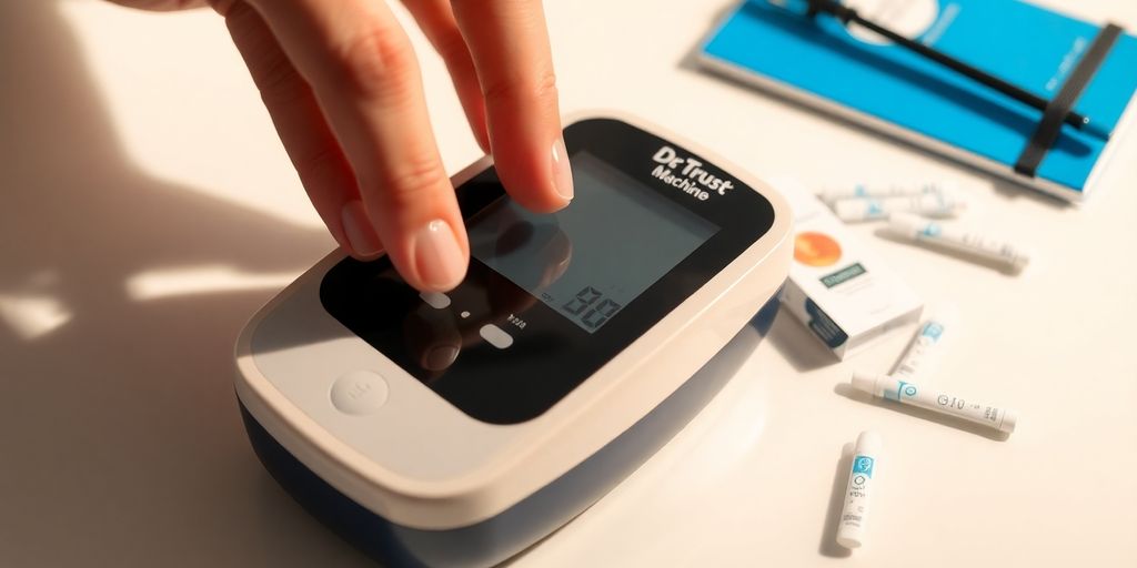 Blood sugar testing machine with diabetic care items nearby.