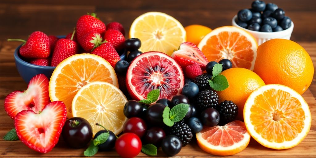 Colorful diabetes-friendly fruits arranged on a wooden table.