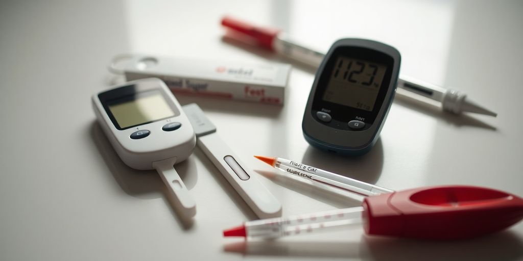 Blood sugar testing tools on a clean surface.