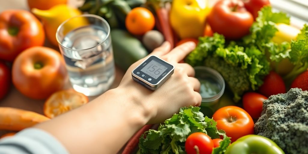 Person applying a glucose monitor with fresh fruits nearby.