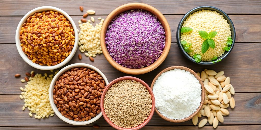 Colorful whole grains for a ketogenic diet on a table.