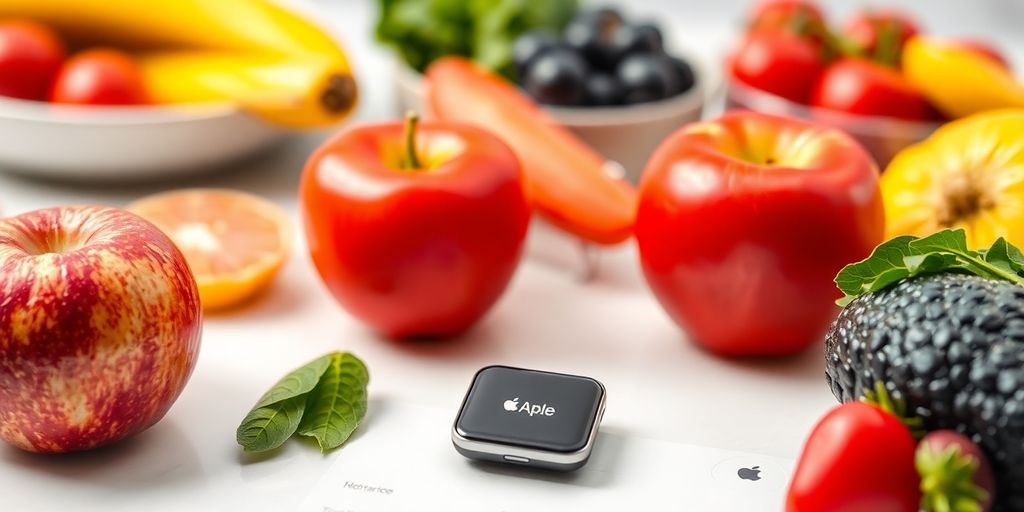 Apple diabetes monitor with healthy foods in a bright setting.