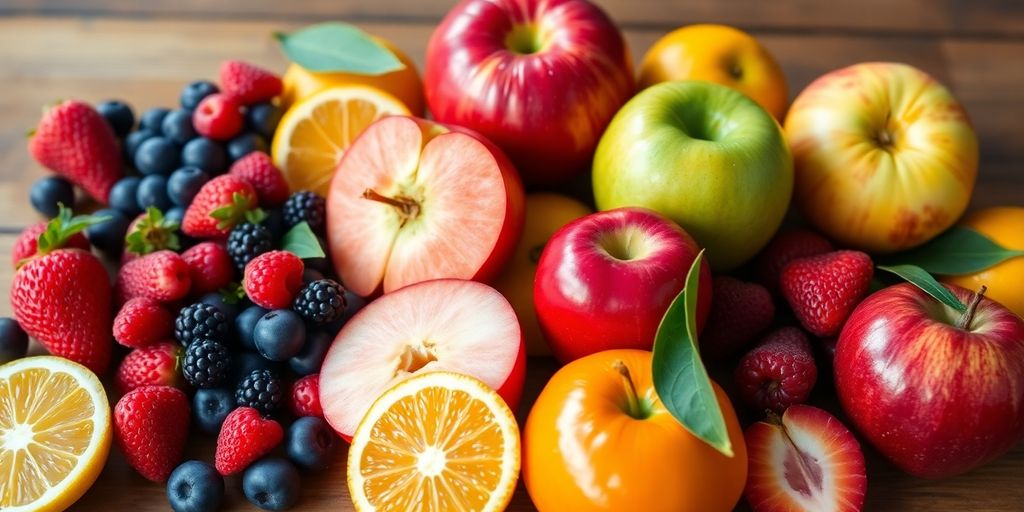 Colorful diabetes-friendly fruits on a wooden table.