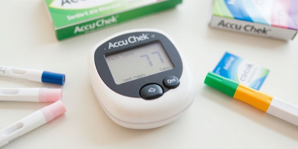 Accu Chek blood sugar monitor with diabetes care tools.