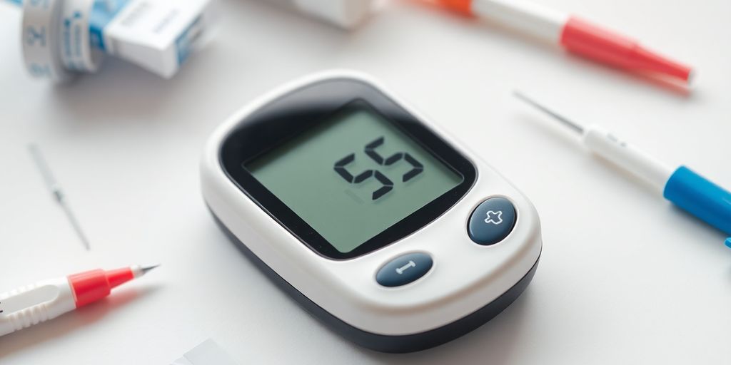 Close-up of a glucose meter with diabetes supplies.