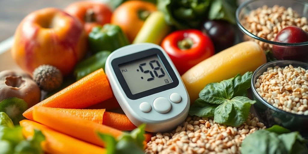 Blood sugar monitor with healthy foods around it.