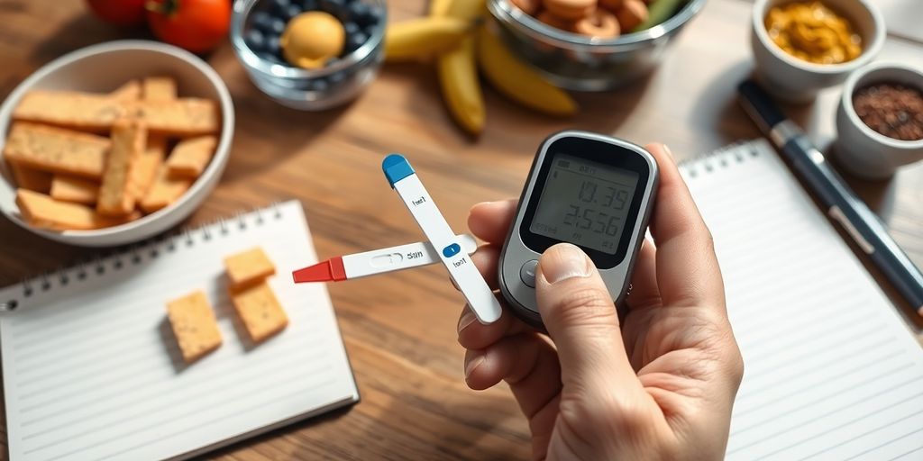 Hand holding glucose meter with healthy snacks on table.