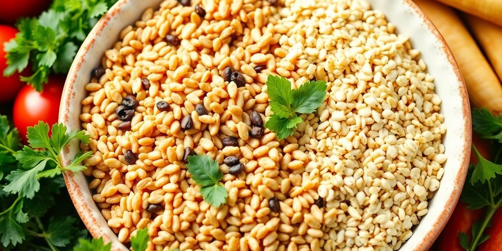 Colorful whole grains in a bowl with fresh vegetables.