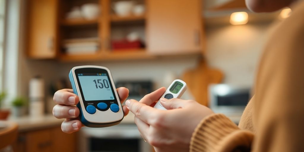 Person testing blood sugar at home with device.
