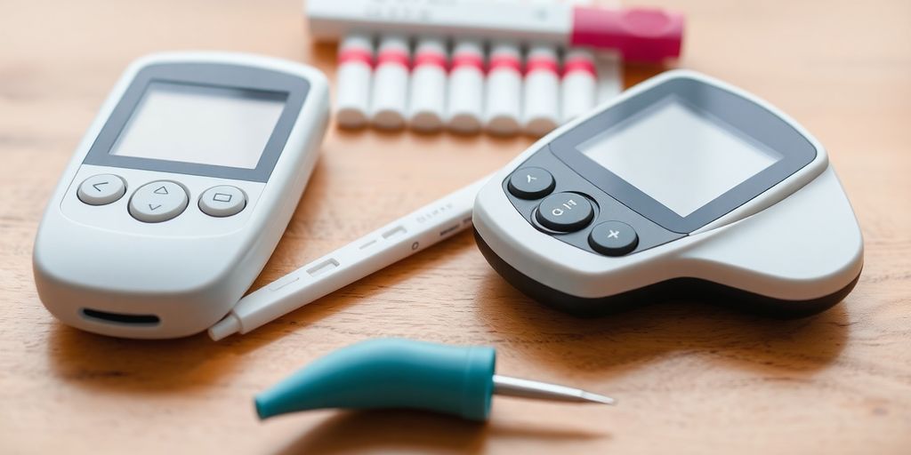 Diabetes test kit with meter, strips, and lancet device.