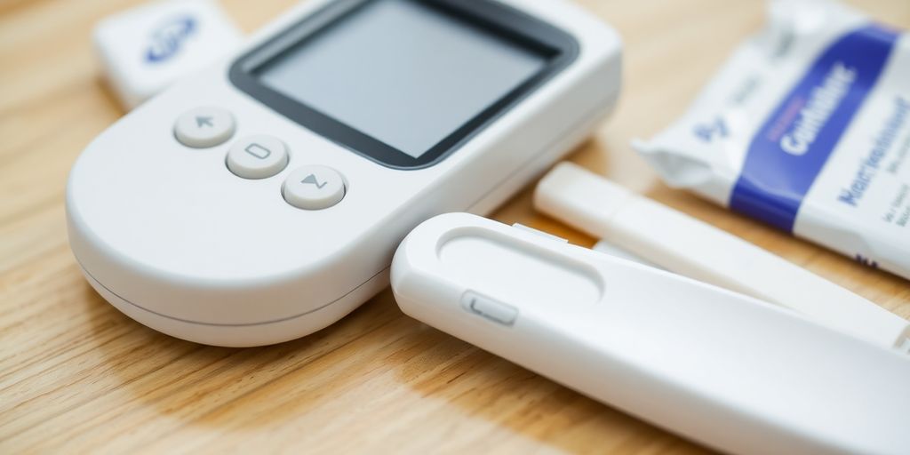 Home blood sugar test kit with meter and test strips.