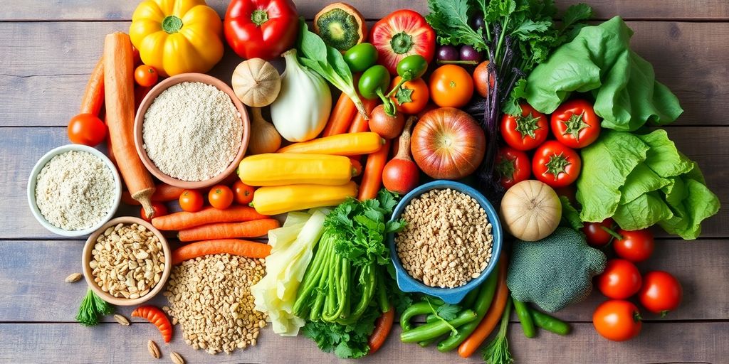 Assorted whole grain free foods on a wooden table.