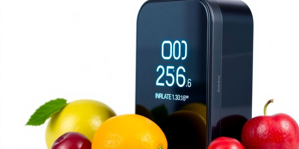 Apple blood sugar monitor with fruits in a healthy setting.