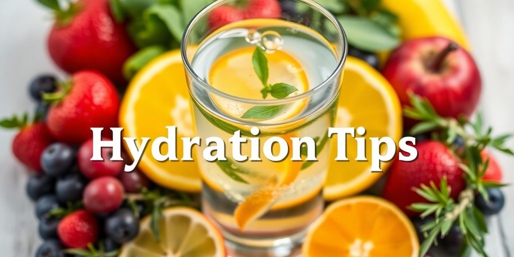Glass of water with fruits and herbs for hydration tips.