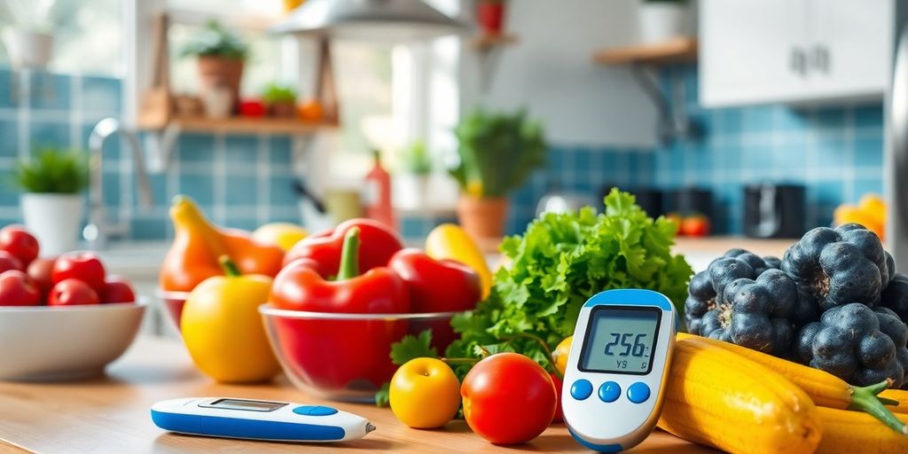 Fresh fruits and vegetables promoting healthy living and blood sugar.