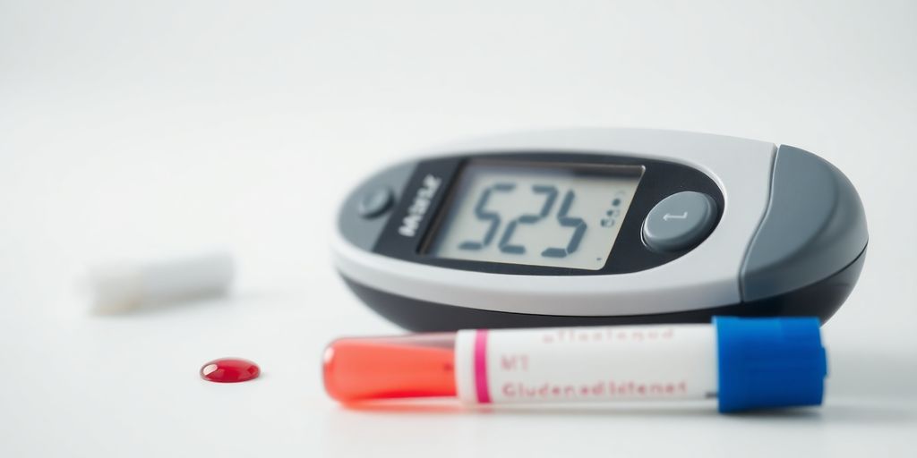 Glucometer with test strip and blood droplet on table.