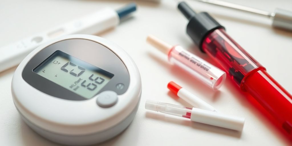 Glucometer with blood sample and diabetes management tools.