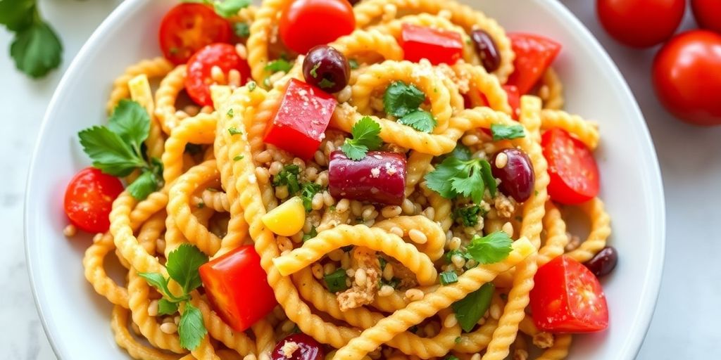 Plate of whole grain pasta with fresh vegetables and herbs.