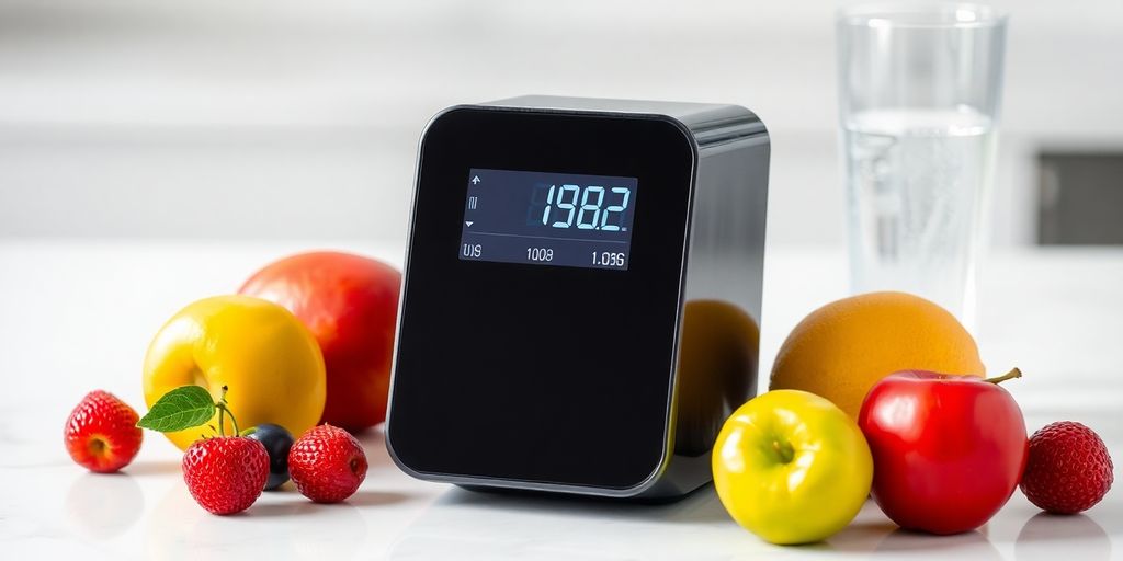 Close-up of a sugar level check machine with fruits.