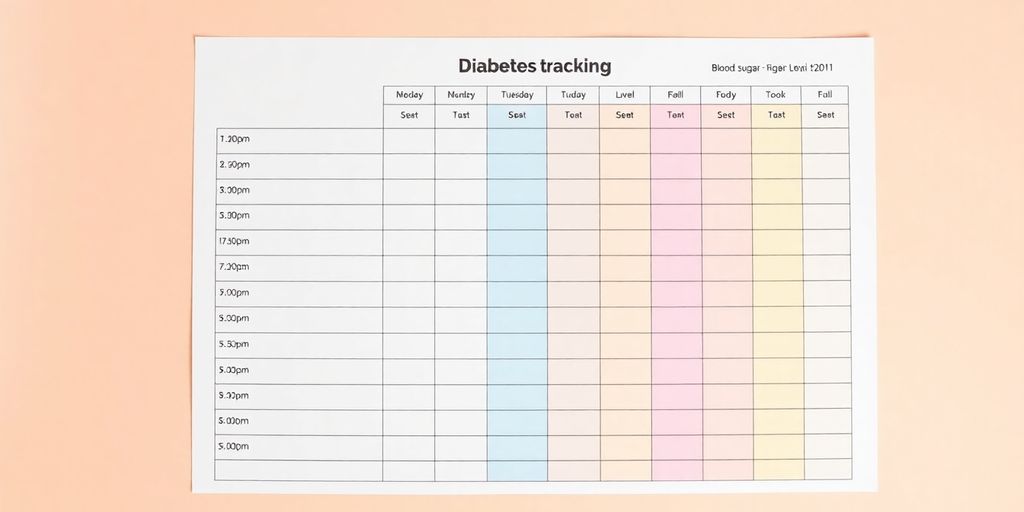 Diabetes tracking sheet with organized sections and pastel colors.