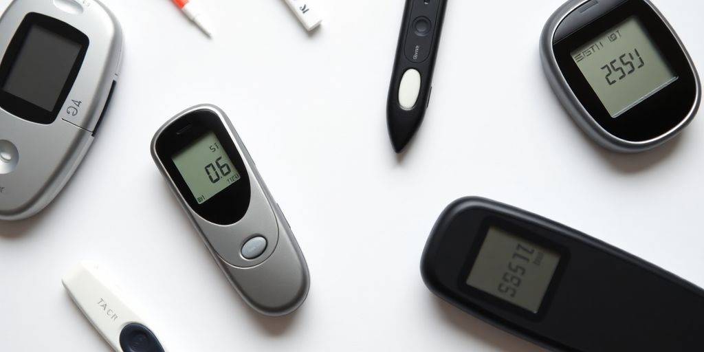 Various blood sugar monitoring devices on a white background.