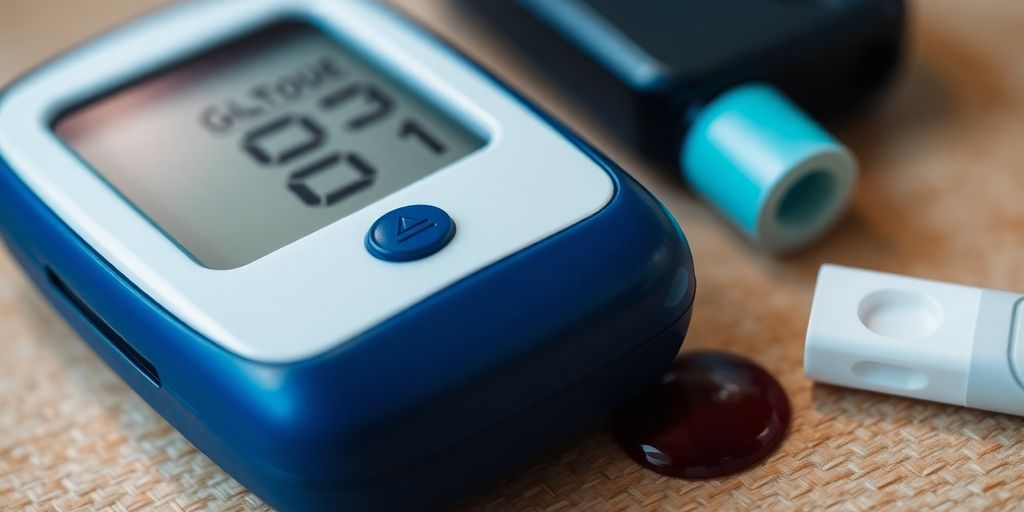 Blood glucose meter with test strips and blood drop.