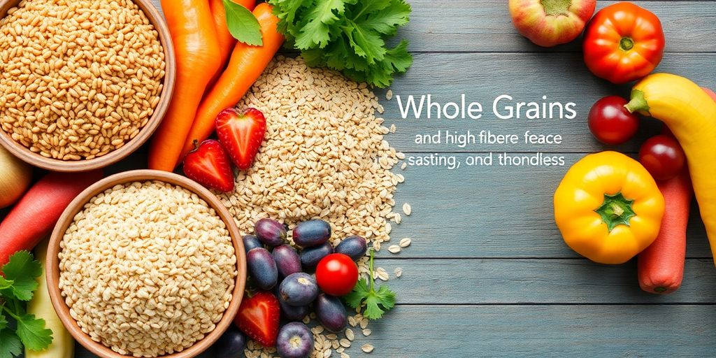 Assorted whole grains and high-fiber foods on a table.
