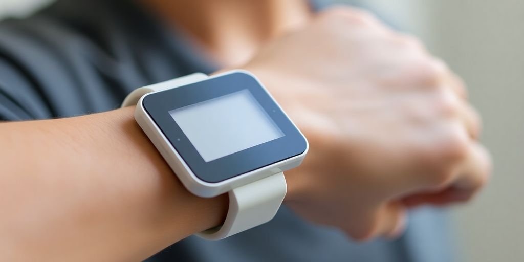 Wearable blood sugar monitor displayed on an arm.
