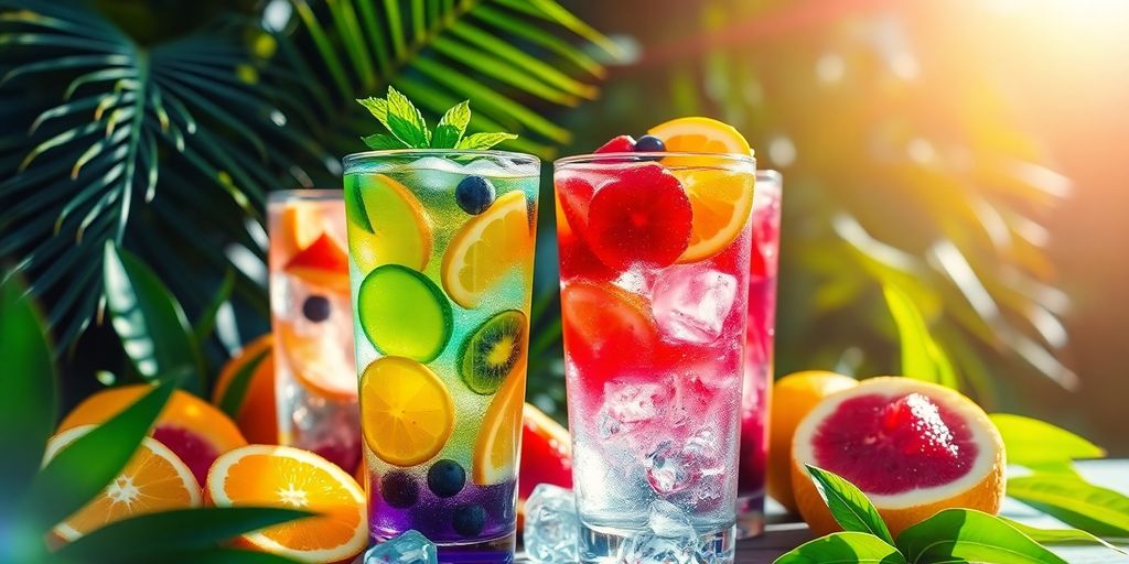 Colorful infused water with fruits in a sunny setting.