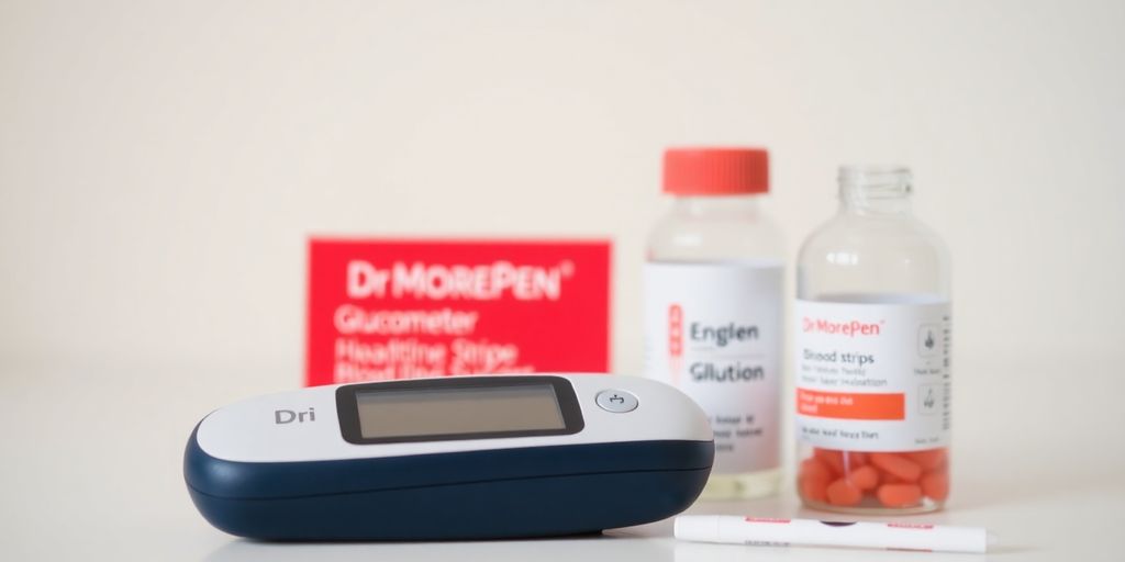 Dr Morepen glucometer with test strips and solution.