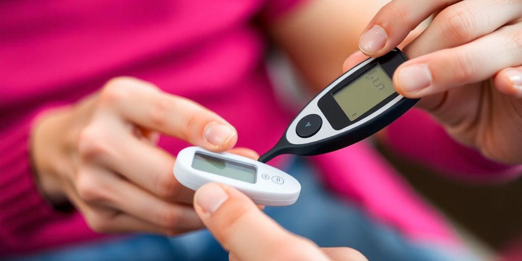 Person measuring blood sugar at home with glucose meter.