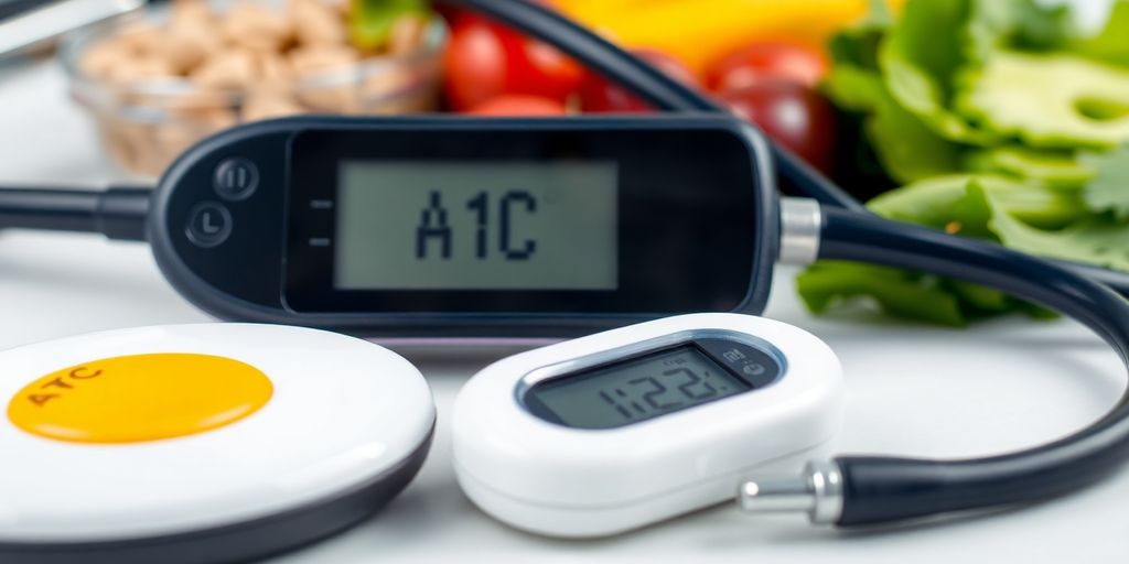 Blood glucose meter with healthy food items around it.