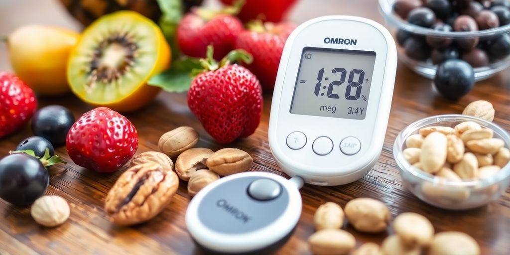 Omron blood sugar monitor with healthy snacks on a table.