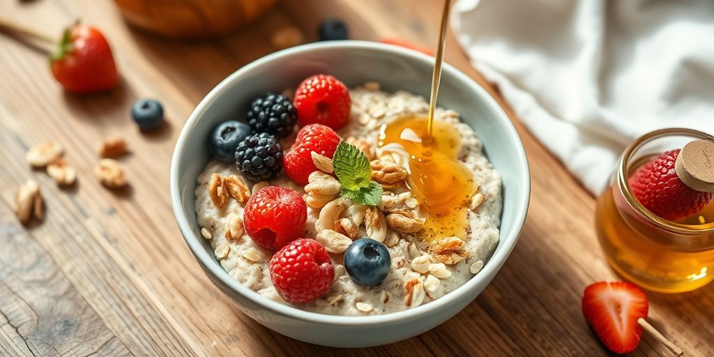 Bowl of gluten-free oats with berries and nuts.