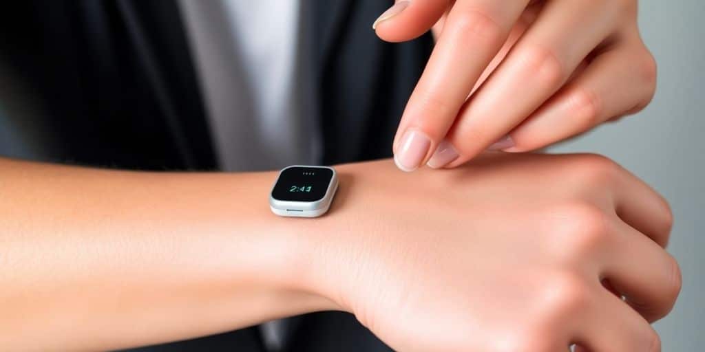 Person applying a glucose monitoring device on their arm.