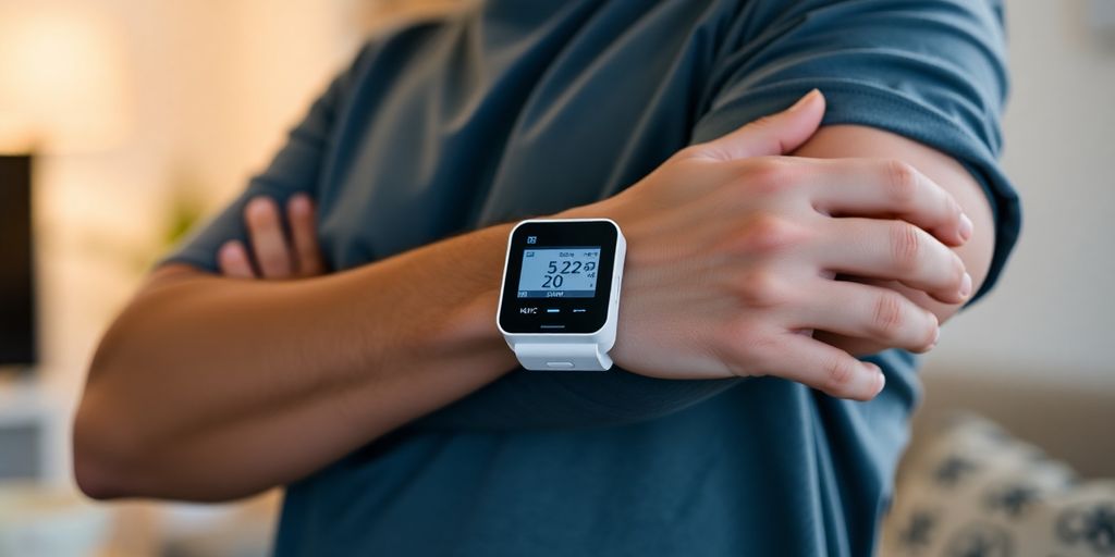 Person using an arm sugar monitor for diabetes management.