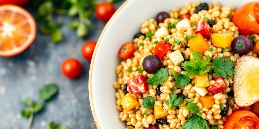 Bowl of colorful Whole30 farro salad with fresh veggies.