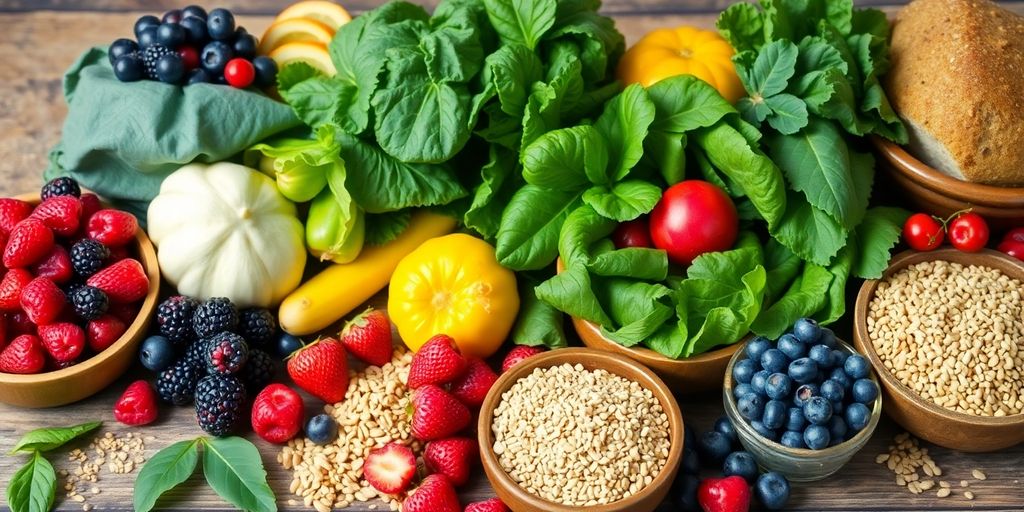 Colorful fruits and whole grains on a wooden table.