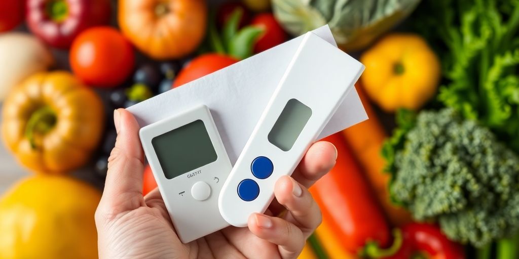 Hand holding a glucose monitoring sheet with healthy foods.