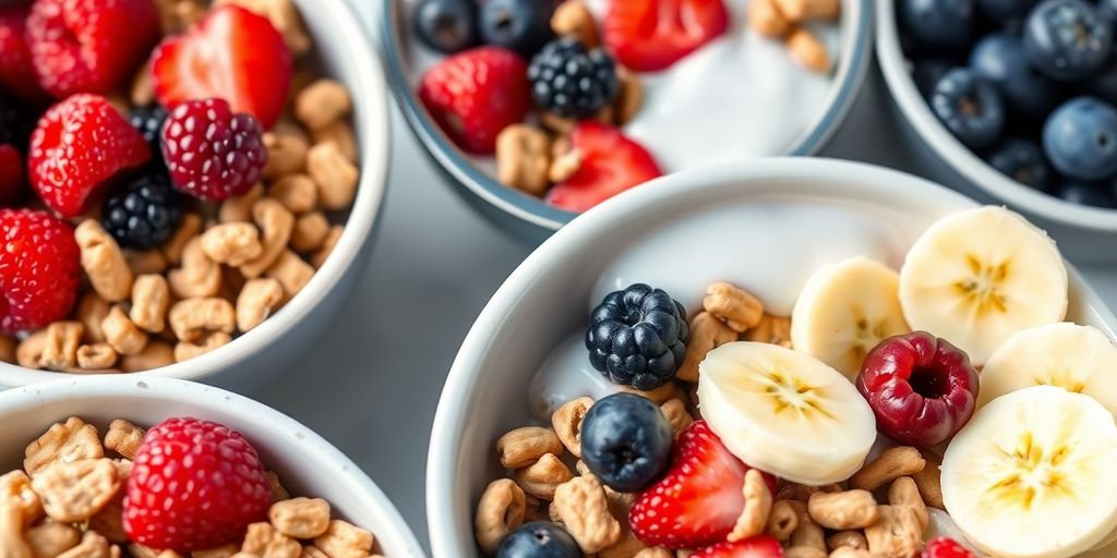 Colorful cereal bowls with fresh fruit and milk.