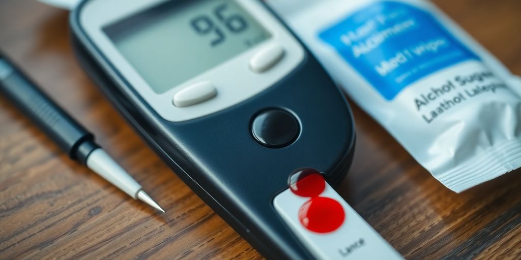 Blood glucose meter with test strip and blood droplet.