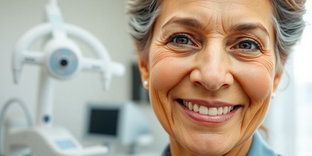 Senior woman smiling, doctor's office.