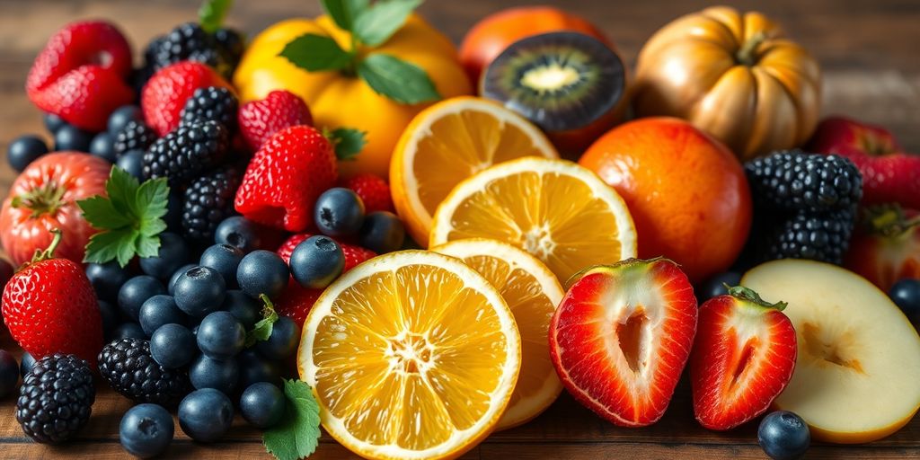 Colorful fruit assortment on a wooden table.