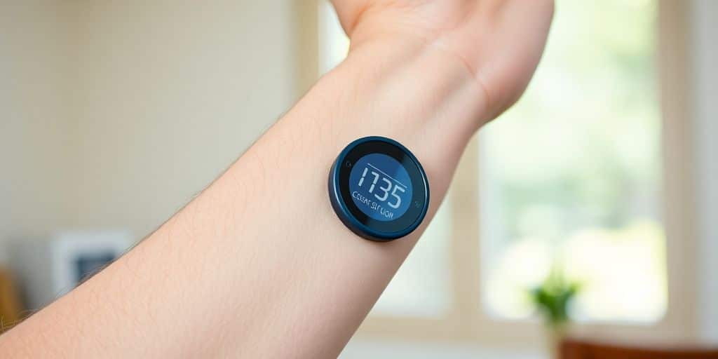 Person checking blood sugar monitor on arm.
