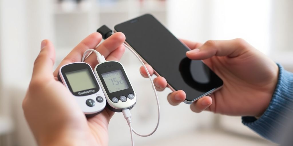 Person connecting glucometer to smartphone via cable.